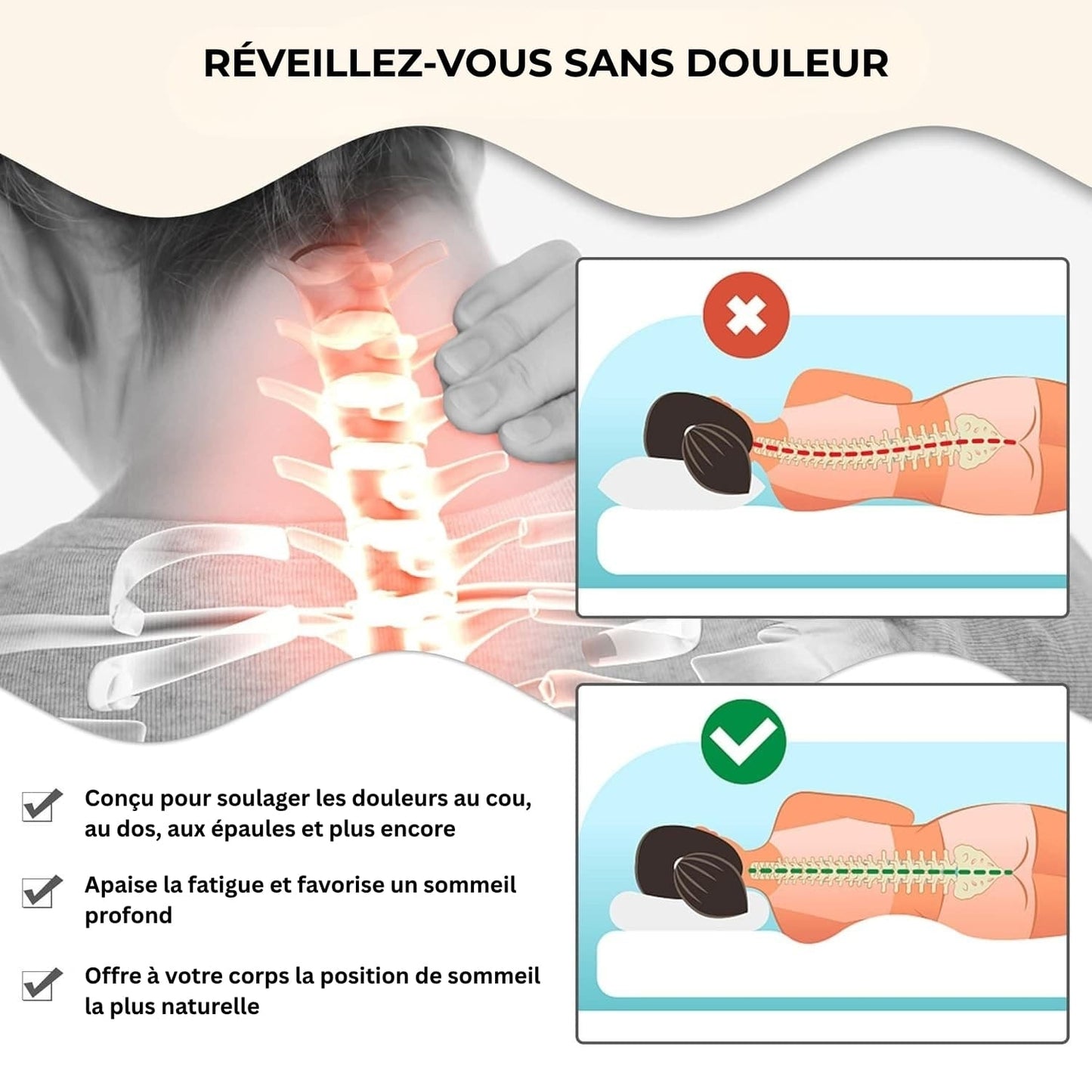 Oreiller ergonomique moelleux en mousse à mémoire de forme