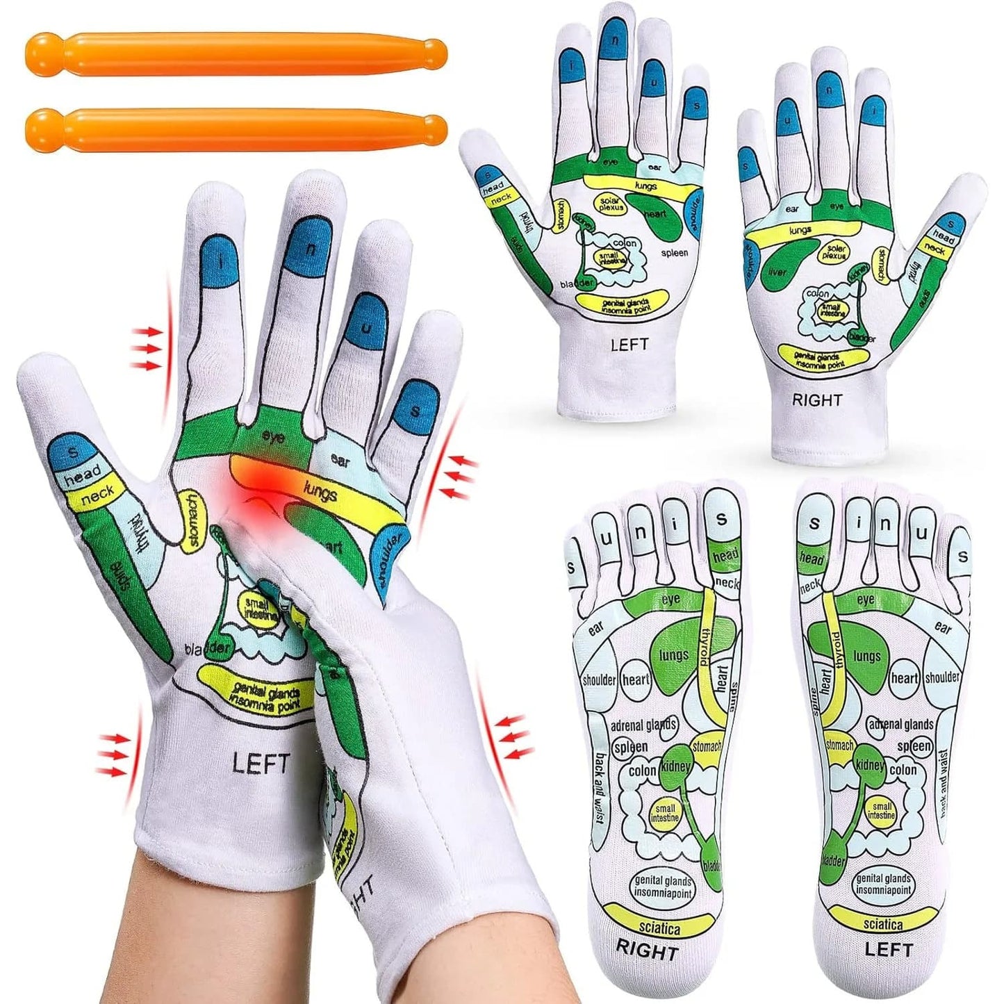 Lot de chaussettes et gants de réflexologie avec stylo d’acupression