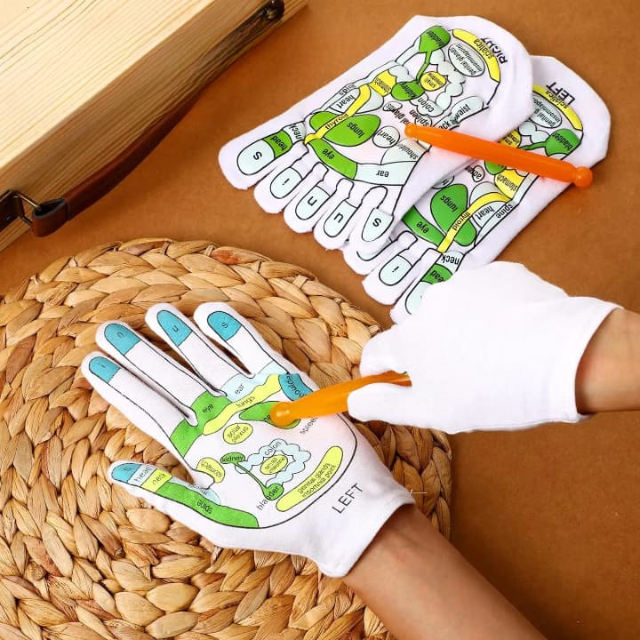 Lot de chaussettes et gants de réflexologie avec stylo d’acupression