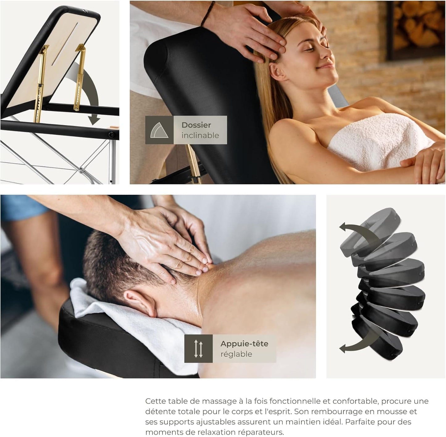 Table de massage pliante noire en cuir synthétique