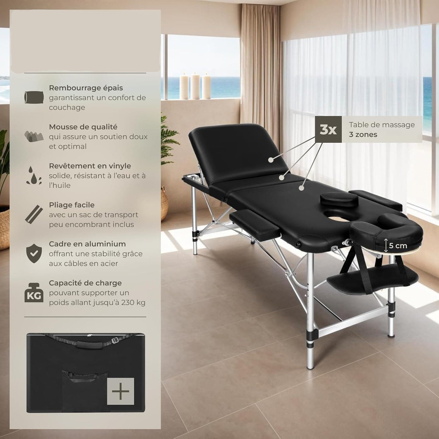 Table de massage pliante noire en cuir synthétique