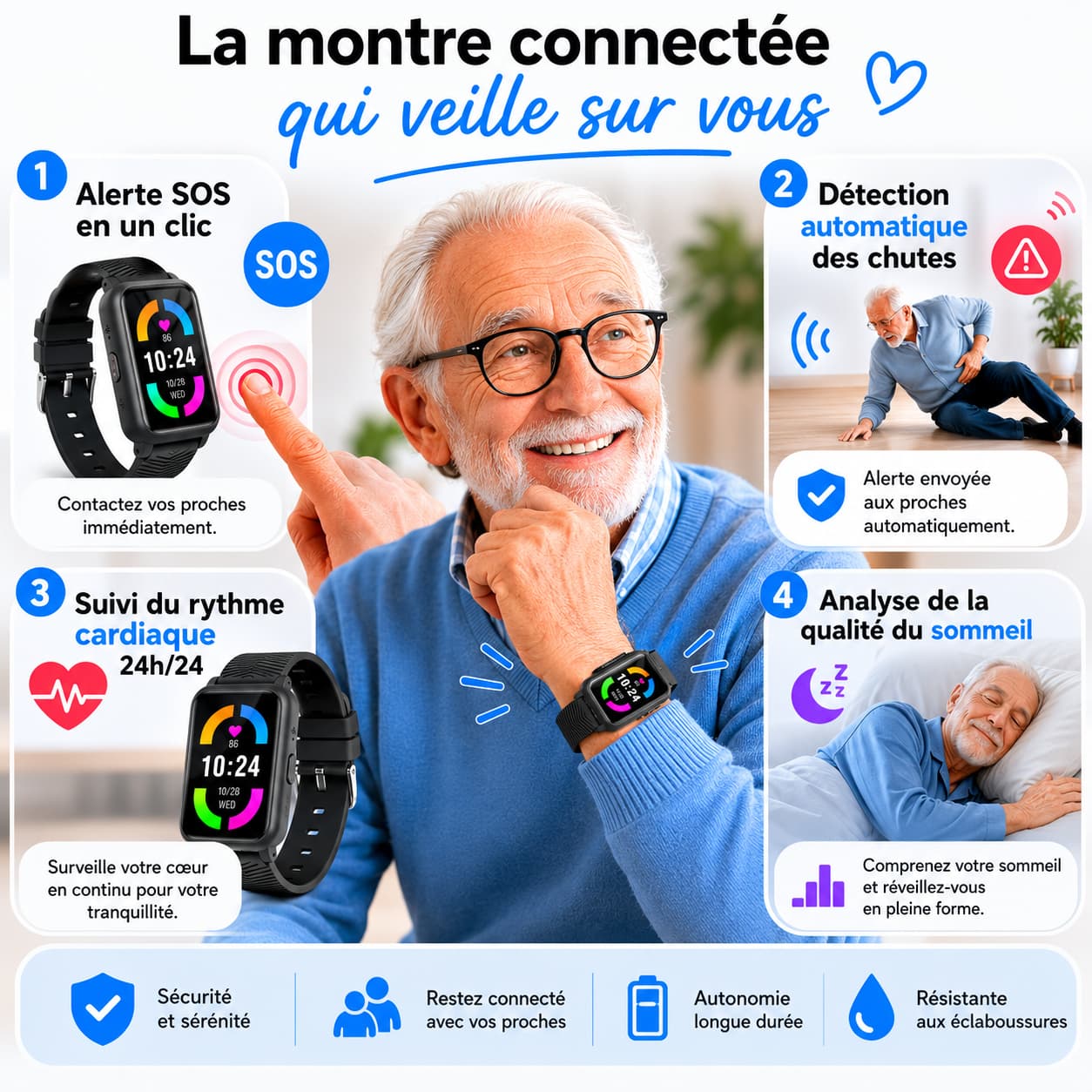 Montre Connectée  Senior SOS et Détection de Chute 4G