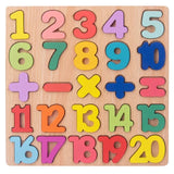 Planche de bois avec puzzle coloré alphabet et chiffre