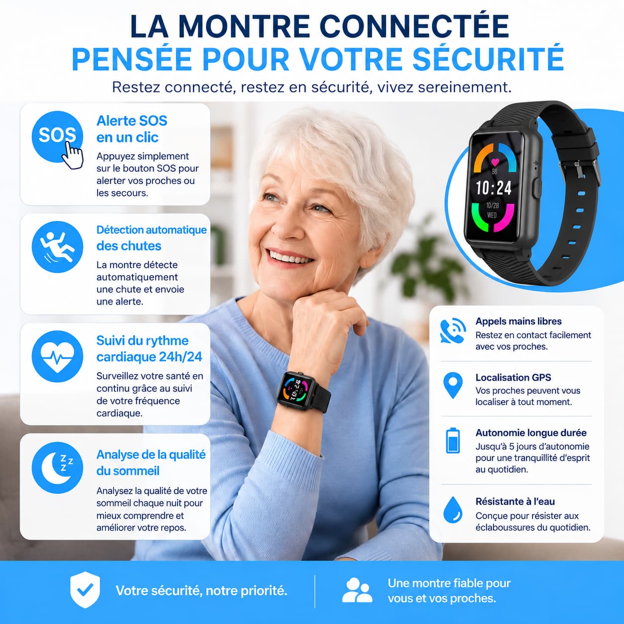Montre Connectée  Senior SOS et Détection de Chute 4G